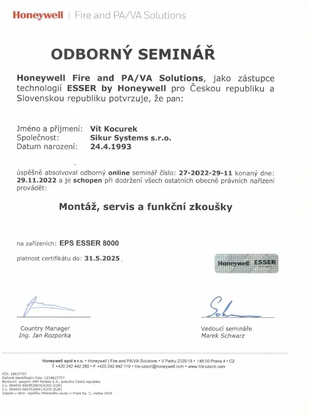 EPS certifikát Esser - Sikur Systems s.r.o.