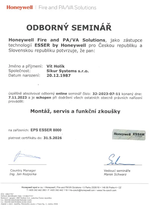 EPS certifikát Esser - Sikur Systems s.r.o.