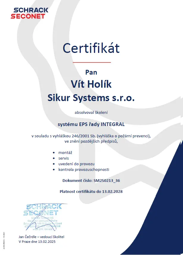 EPS certifikát Schrack - Sikur Systems s.r.o.