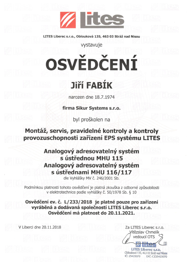 EPS certifikát Lites - Sikur Systems s.r.o.