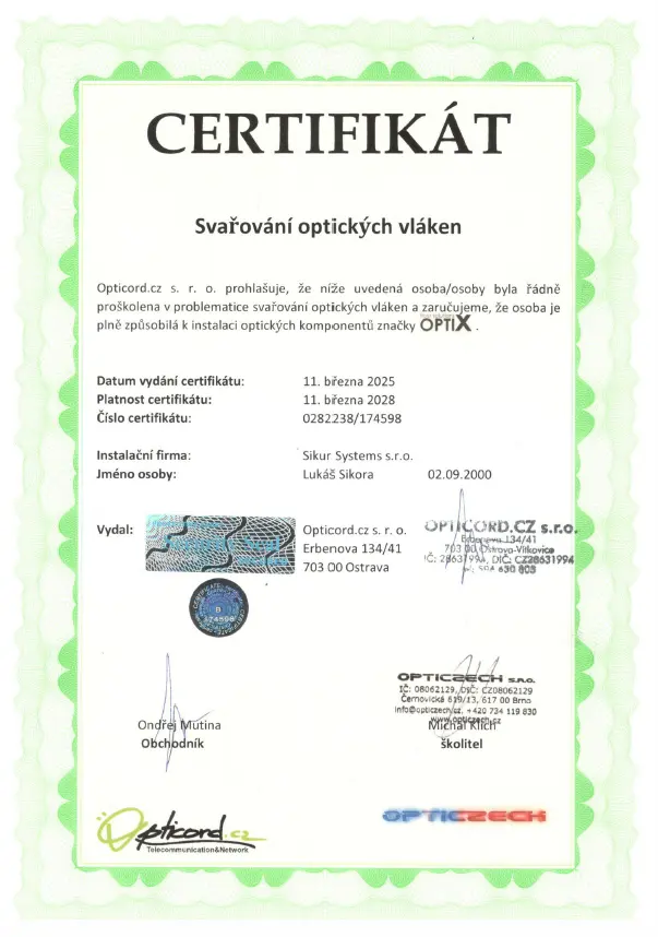Certifikát svařování optiky - Sikur Systems s.r.o.