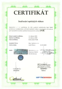 Certifikát svařování optiky - Sikur Systems s.r.o.