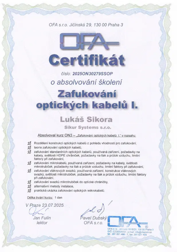 Certifikát zafukování optiky - Sikur Systems s.r.o.