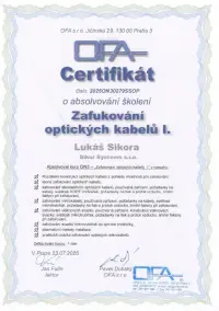 Certifikát zafukování optiky - Sikur Systems s.r.o.