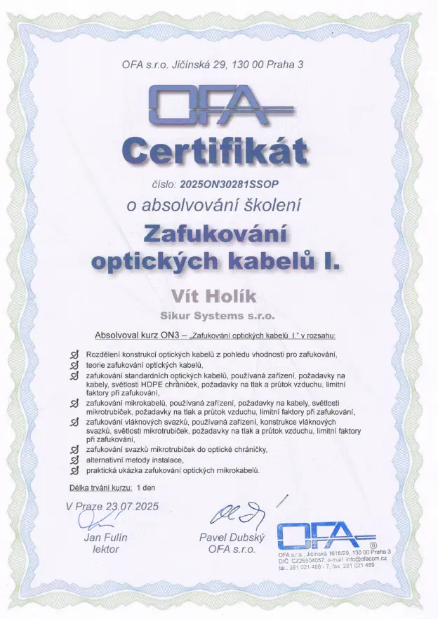 Certifikát zafukování optiky - Sikur Systems s.r.o.