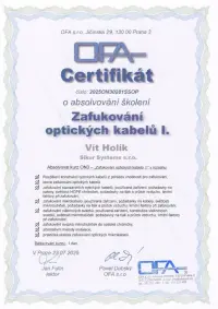 Certifikát zafukování optiky - Sikur Systems s.r.o.