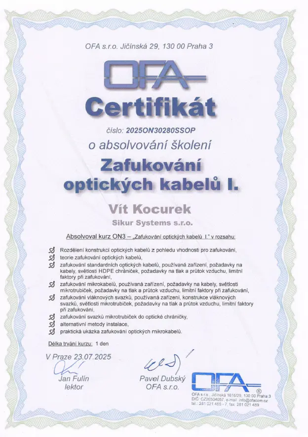 Certifikát zafukování optiky - Sikur Systems s.r.o.