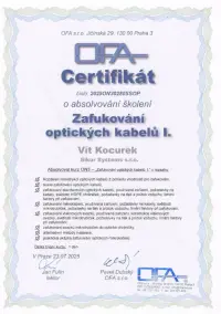 Certifikát zafukování optiky - Sikur Systems s.r.o.